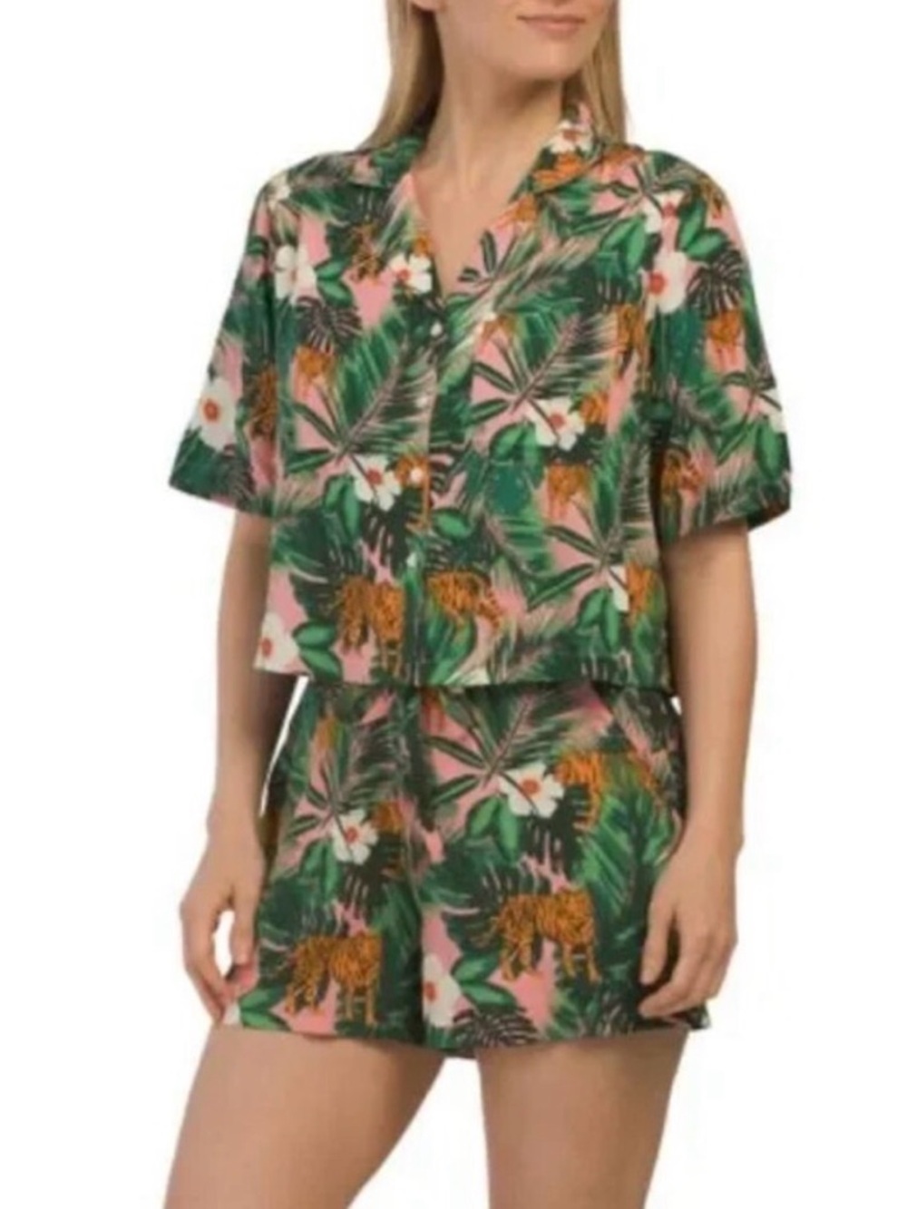Cynthia Rowley Tropical Floral Short Pajama Set in Green, Pink & Orange